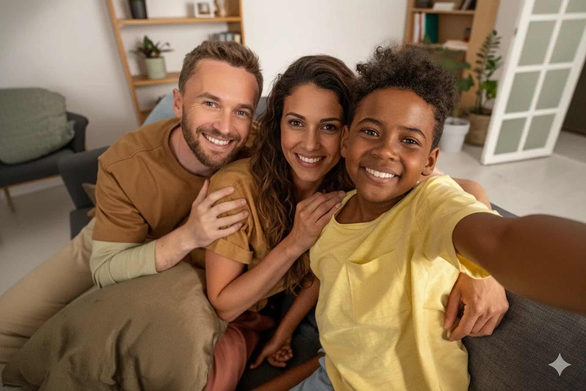 Sorriso saudável e radiante de família na Gouveia Odontologia